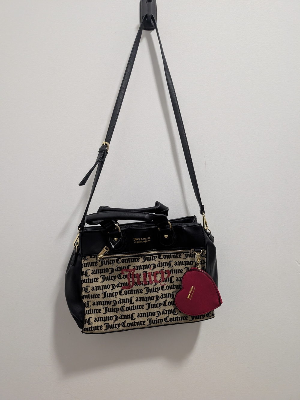 Juicy Couture Black Logo-Print Satchel with Pink Heart Charm